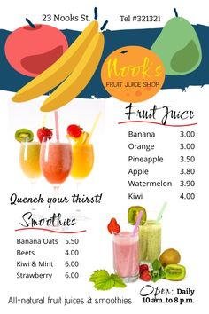 a menu with fruit juices and smoothies on it