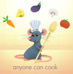 a mouse with a chef's hat on holding a spatula in front of some vegetables