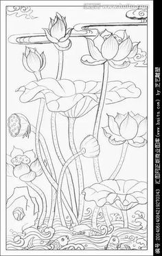 a coloring page with flowers and fish in the water