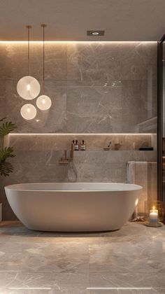 a large white bath tub sitting inside of a bathroom