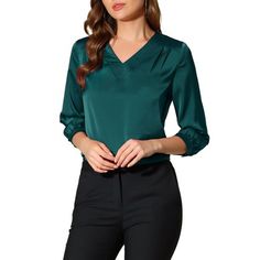 This satin blouse is actually a versatile product, you can effortlessly create a stunning and chic look, it can be graceful and elegant at work, while it can be cute and playful in daily life. The slightly shiny satin fabric provides you with a comfortable and soft touch. The long sleeves are matched with a shirring design and button cuffs, with a sense of detail and elegance. The satin top is perfectly matched with pants, leggings, skirts, shorts for an elegant outfit. Measurement (in inches) I Formal V-neck Solid Color Tops, Elegant Solid Color V-neck Blouse, Elegant V-neck Blouse In Solid Color, Elegant V-neck Solid Color Blouse, Elegant Fitted Solid Color Blouse, Elegant Solid Color Blouse For Office Wear, Fitted V-neck Office Lady Blouse, Fitted V-neck Office Blouse, Elegant Solid Color Office Blouse