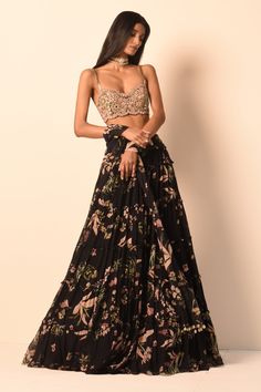 Buy Black Blouse Net Printed Floral Sweetheart Neck Tiered Skirt Set For Women by Arpita Mehta Online at Aza Fashions. Cancan Skirt, Net Skirt, Padded Blouse, Indian Clothing, Skirt And Blouse, Lehenga Designs, Custom Bridal