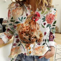 Chicken Fabulous Floral Pattern Casual Shirt, Farm Casual Shirt, Farm Gift, Farmer Gift, Gift For Her, Ladies Shirt Summer Casual Shirt With Fashion Print, Casual Fashion Print Summer Shirt, Summer Casual Collar Cotton Blouse, Summer Cotton Blouse With Casual Collar, Summer Cotton Shirt With Fashion Print, Spring Patterned Shirt With Relaxed Fit, Patterned Relaxed Fit Shirt For Spring, Relaxed Fit Patterned Shirt For Spring, Patterned Shirt With Relaxed Fit For Spring