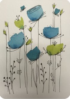 an ink drawing of blue and green flowers