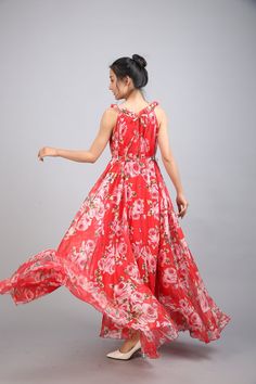 Chiffon Red Flower Long Party Dress Evening Wedding Lightweight Sundress Summer Holiday Beach Dress Bridesmaid Dress Maxi Skirt Detail Info: ❤ Color: Red flower as picture More color choice link: https://www.etsy.com/listing/213656440/chiffon-dress-color-card?ref=shop_home_feat_1 you just note the color you want with order, we will make according to your note. ❤ Material: Chiffon ❤ The dress doesn't limit the chest size and waist size, arm hole 45cm (if your upper arm circle circumference is mor Fitted Floor-length Chiffon Dress For Summer, Fitted Floor-length Chiffon Summer Dress, Red A-line Floral Dress For Summer, Elegant Floral Print Floor-length Chiffon Dress, Chiffon A-line Maxi Dress For Vacation, Red Bohemian A-line Maxi Dress, Floor-length Floral Print Chiffon Wedding Dress, Floor-length Floral Chiffon Wedding Dress, Elegant Georgette Maxi Dress For Beach