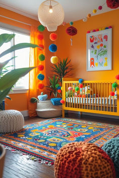 a brightly colored nursery with lots of pom poms hanging from the ceiling and an orange crib