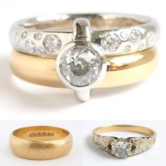 three different types of wedding rings with diamonds on top and bottom, all in gold and silver