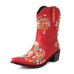 Shop Women's Red Vegan Leather Retro Western Cowboy Boots with Flowers Embroidery color Red for Anniversary, Going out, Hanging out, Honeymoon, Music Festival with worldwide Free shipping & Free return. Red Western Summer Boots, Embroidered Boots For Spring Festivals, Red Bohemian Boots For Fall, Spring Festival Embroidered Boots, Traditional Snip Toe Boots For Spring, Red Leather Boots For Summer, Traditional Embroidered Boots For Spring, Red Embroidered Winter Boots, Bohemian Red Leather Boots