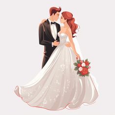 a bride and groom standing next to each other in front of a white background with red flowers