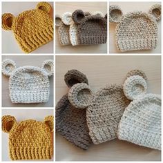 crocheted baby hats with ears are shown