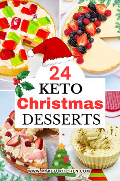 Four keto Christmas desserts. Cheesecake, eggnog cake, cookie cake, and jello cheesecake. Low Carb Lemon Cheesecake, Dessert Recipes Keto, Keto Christmas Desserts, Easy Keto Cheesecake, Ny Style Cheesecake, Keto Cheesecake Recipes, Christmas Dessert Recipes, Low Carb Christmas, Curb Cravings