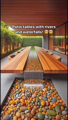 there are many different types of rocks in the water and on the ground, with text that reads patio tables with rivers and waterfalls