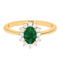 Princess Diana Inspired Created Emerald Engagement Ring with Diamond Lab Created Emerald - ( AAAA ) - Quality - Rosec Jewels Princes Diana, Lab Created Emerald, Emerald Engagement, 18k Yellow Gold Ring, Halo Engagement Rings, Emerald Engagement Ring, Princess Diana, Yellow Gold Rings, Timeless Pieces