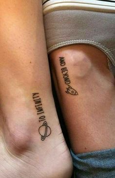 two people with matching tattoos on their legs, one has the word love and the other is