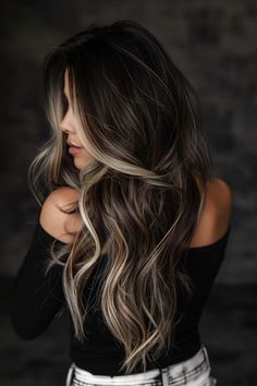 Beautiful Brown Balayage Hair, Black Colored Hair With Highlights, Dark Chunky Lowlights, Dark Chocolate Brown Hair Money Piece, Dark Extensions With Highlights, Bottom Highlights Hair Dark Brown, Hair Dark With Blonde Highlights, Long Black Hair With Balayage, Dark Hair With Contrast