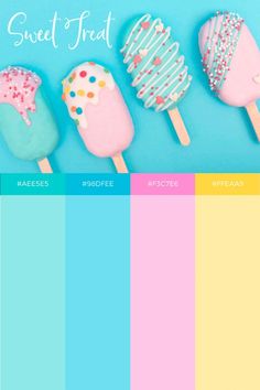 the color scheme for sweet treats is blue, pink, yellow and green