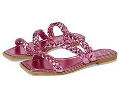 Chic Braided Strap Sandals For Summer, Adjustable Braided Strap Slides For Summer, Modern Pink Slides For Spring, Chic Slides With Cushioned Footbed For Vacation, Spring Slides With Braided Straps, Chic Slides For Summer Outings, Chic Summer Slides For Vacation, Chic Vacation Slides With Cushioned Footbed, Modern Sandals With Woven Sole For Summer