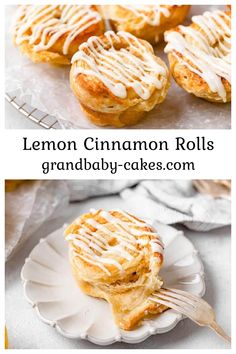 lemon cinnamon rolls on a white plate with a fork in it and the recipe below