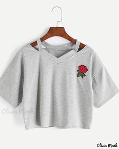 Casual Harajuku, Clothes Jeans, Rose Embroidery, Embroidered Shorts, Loose Tops, Embroidered Tshirt, Ladies Tops Fashion, Embroidered Shirt