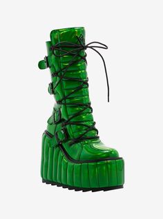 Take your look to new heights in these statement platform boots! Featuring holographic green padding all around  plus lace-up detailing on the front. Comes with buckle strap designs and side zipper closures.Listed in women's sizes.Platform: 3''Heel: 6''Polyurethane upper; EVA soleImported Green Vinyl Boots, Holo Combat Boots, Weirdcore Platform Boots, Power Puff Boots, Green Platform Knee High Boots, Sci Fi Boots, Green Platform Boots, Green Platform Heels, Scifi Fashion