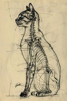 a drawing of a cat sitting down with the skeleton on it's back end