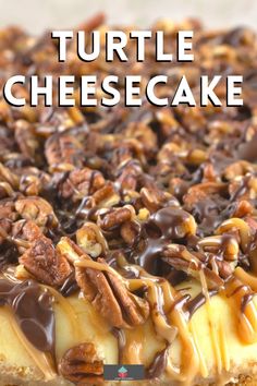 a close up of a cake with nuts on top and the words turtle cheesecake above it