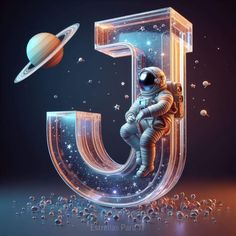 an astronaut is sitting on the letter j