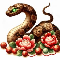 a snake with flowers on it's body and green eyes