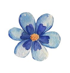 a watercolor painting of a blue flower with yellow stamen on the center and petals