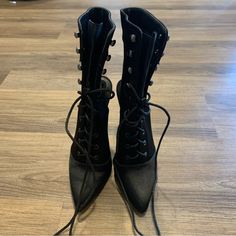 New; Never Used. Does Not Come In Original Box. Black Satin With Silver Details. About A 4.75” Heel. So Me, Lace Up Booties, Lace Up Boots, Black Satin, A 4, Shoe Laces, Black Silver, Original Box, Lace Up