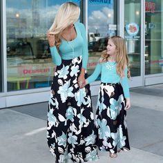 Spring/Autumn Mother Daughter Matching Dresses - Light Blue Top Floral – Pink & Blue Baby Shop Floral Long Dress, Mother Daughter Dresses Matching, Tank Decoration, Summer Tank Dress, Mother Daughter Outfits, Mom And Me, Mother Daughter Dress, Mommy And Me Dresses, Floral Dresses Long