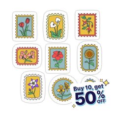 stickers with flowers on them and the words, buy 10 get 50 % off