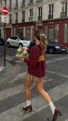 Casual Heels Outfit Fall, Outfit With Block Heels, Burgundy Preppy Outfit, Outfits With Red Accessories, Shoes For Mini Skirts, Outfits With Red Pumps, Cherry Red Flats Outfit, Girl In Red Aesthetic Outfit, Red Block Heels Outfit