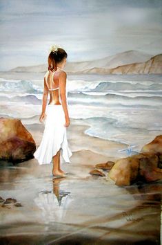 a painting of a woman standing on the beach looking out at the water and rocks