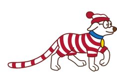 a drawing of a dog wearing a red and white striped shirt