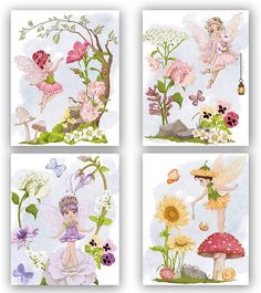 four cards with flowers and fairy pictures on them