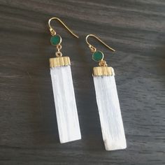 This Is A Very Dainty Selenite Wand With A Aa Quality 6mm Faceted Green Agate Vermeil Connector. My Earrings Are Usa Made, See Stamp On Photos For Vermeil 925 On Earrings. The Bezel For The Selenite Is Gold Plated In Order To Make The Bezel, I Will Include A Small Ziplock Where You Can Put Inside When Not In Use. Made In The Usa By Me In California With Love!!!<3 <3 <3 White Jade Earrings For Gift, White Jade Dangle Jewelry, White Gemstone Crystal Dangle Earrings, White Gemstone Dangle Crystal Earrings, White Dangle Earrings With Natural Stones, White Earrings With Natural Stones For Gift, White Gemstone Crystal Earrings For Gift, White Crystal Gemstone Earrings For Gift, White Spiritual Dangle Earrings