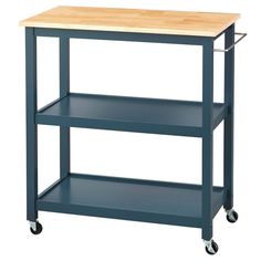 a kitchen cart with a wooden top and two shelves on casteors for easy storage