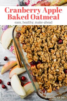 cranberry apple baked oatmeal in a glass baking dish