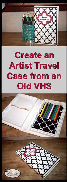 an artist's travel case from an old vhs book with markers and pencils