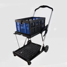 a black cart with two blue crates on the front and one is attached to it