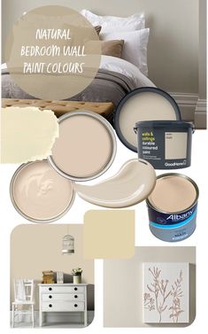 a collage of neutral paint colors with white furniture in the background and text overlay that reads natural bedroom wall paint colours