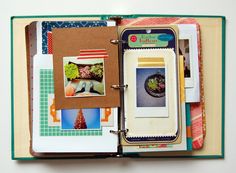 an open scrapbook with pictures and photos on the pages is shown in this image