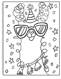 a black and white drawing of a person wearing party hats, sunglasses and confetti