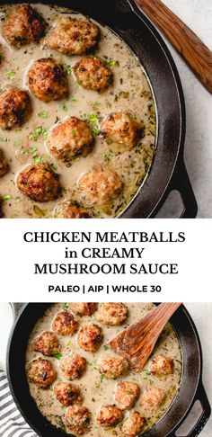 chicken meatballs in creamy mushroom sauce is shown in a skillet with a wooden spoon