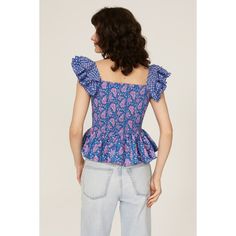 Blue cotton (100% Cotton). Top. Square neck. Cap sleeve. Pull-on. 20" from shoulder to hemline. Imported. Blue Cotton Summer Blouse, Fitted Blue Cotton Top, Fitted Blue Printed Tops, Fitted Cotton Tops With Ruffles, Blue Ruffled Relaxed Fit Top, Blue Fitted Cotton Blouse, Fitted Blue Cotton Blouse, Blue Floral Print Cotton Tops, Rent The Runway