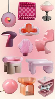 an assortment of furniture and accessories on a pink background