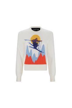 SKI JUMP' SHRUNKEN PULLOVER SWEATER WITH CRYSTALS - SWEATERS - Libertine Sporty Graphic Print Sweater For Winter, Long Sleeve Tops For Ski Season, Long Sleeve Skiing Tops For Ski Season, Long Sleeve Tops For Ski Season And Winter Sports, White Long Sleeve Sweatshirt For Winter Sports, Long Sleeve Ski Tops For Ski Season, Ski Jump, Lodge Look, Womens Chinos