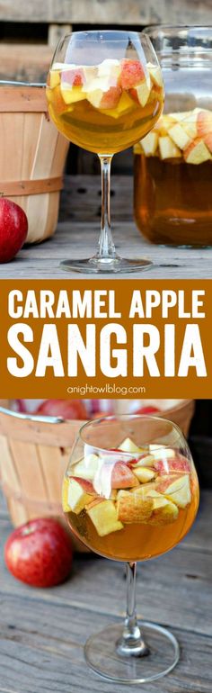 caramel apple sangria with apples in the background and text overlay that says caramel apple sangria