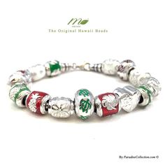 "Sterling Silver Christmas Bead Bracelet with Screw End. This set includes 15 Hawaiian beads in Red, Green, White and silver color. The designs are Plumeria, Honu, pineapple, Hibiscus, cross, heart, Tiare. Bracelet available in 7\", 7.5\", 8\"." Hawaiian Plumeria, Cross Heart, Christmas Bead, Silver Christmas, Christmas Settings, Rope Chain, Leather Tooling, Bead Bracelet, Pandora Charm Bracelet